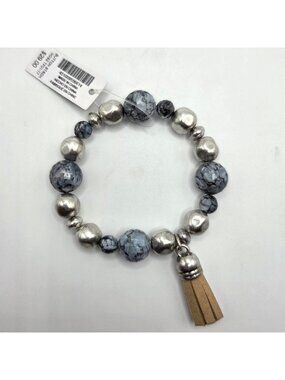 Chicos Stretch Bracelet Silver Gray Marbled Beads Tan Tassel Beachy Boho NEW